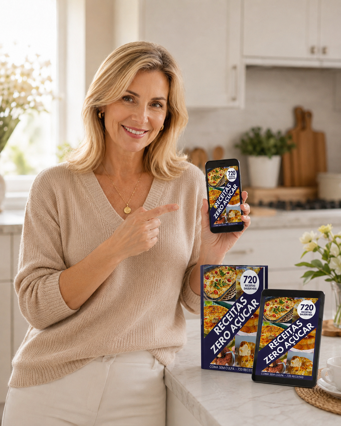 Leitora com o livro 720 Receitas Zero Açúcar no celular, no livro digital e no tablet